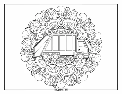 Coloriage de camion poubelle pour adultes : Un mandala floral encadre un camion poubelle simple aux contours précis
