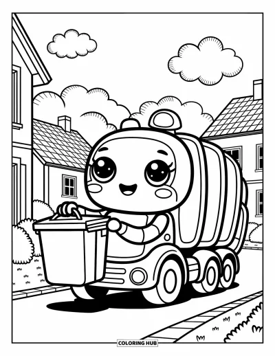 Coloriage de camion poubelle pour adultes : Un sympathique camion poubelle soulève une benne avec ses bras dans une ruelle de quartier tranquille