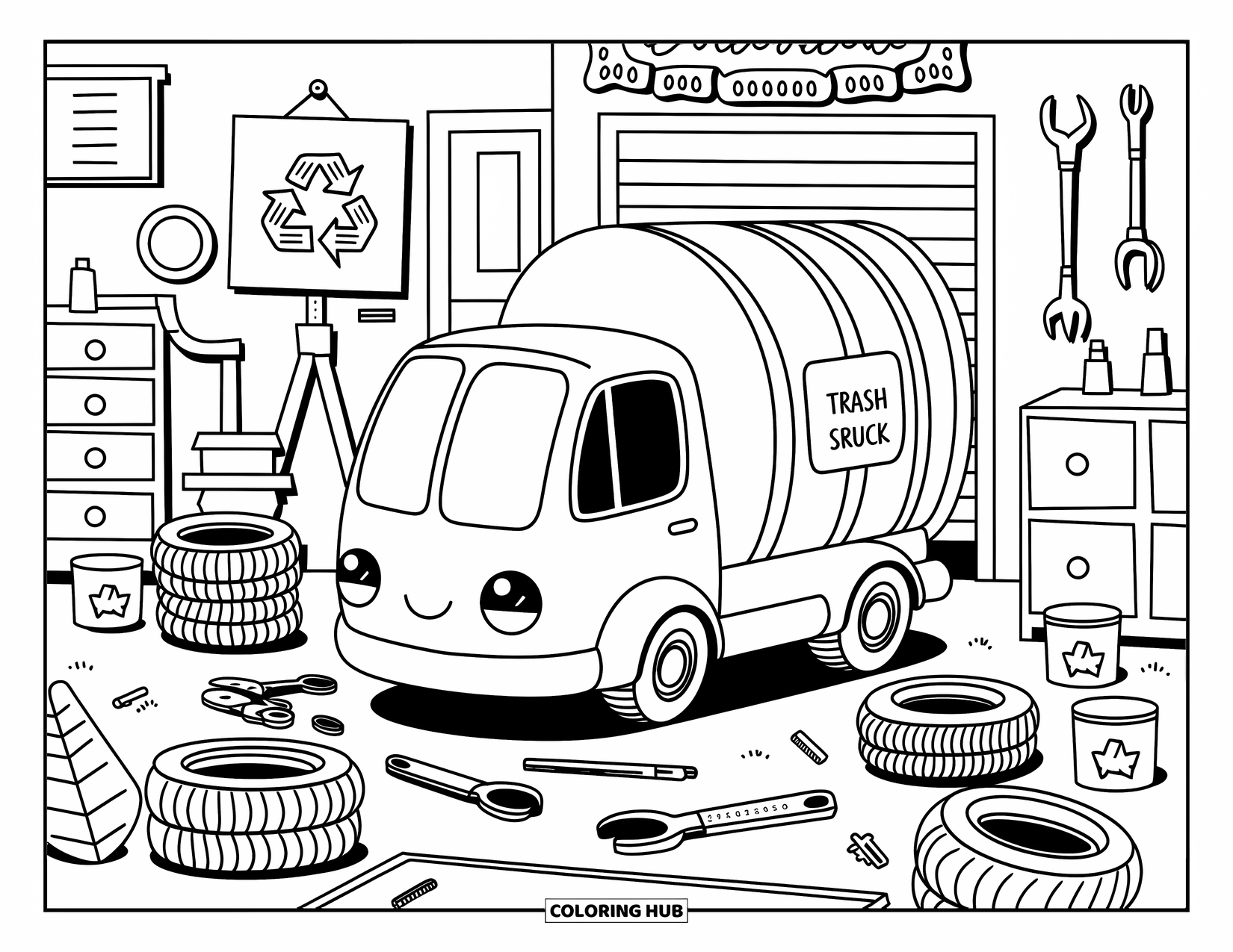 Trash Truck Coloring Page for Adults: A friendly trash truck rests among tiny tools and a happy recycling sign in a garage