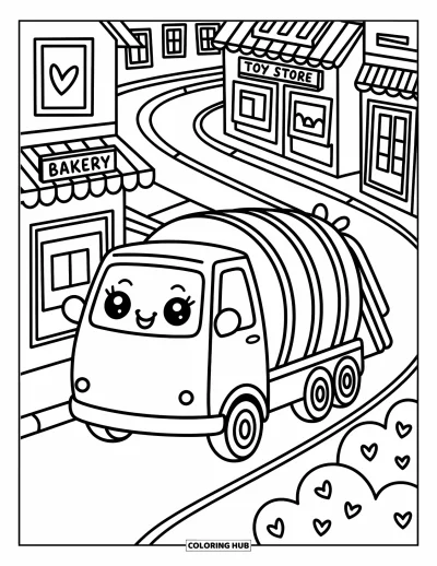 Coloriage de camion poubelle pour adultes : Un joyeux camion poubelle passe devant des boutiques comme "Bakery" et "Toy Store" sur une colline