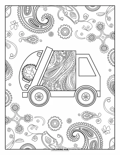 Coloriage de camion poubelle pour adultes : Un motif de paisleys et d'engrenages entoure un camion poubelle aux contours marqués
