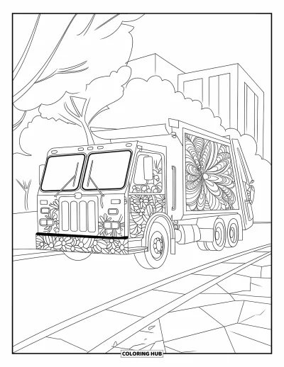 Coloriage de camion poubelle pour adultes : Un camion à motifs se gare au bord du trottoir avec des lignes zentangle et des arbres en arrière-plan