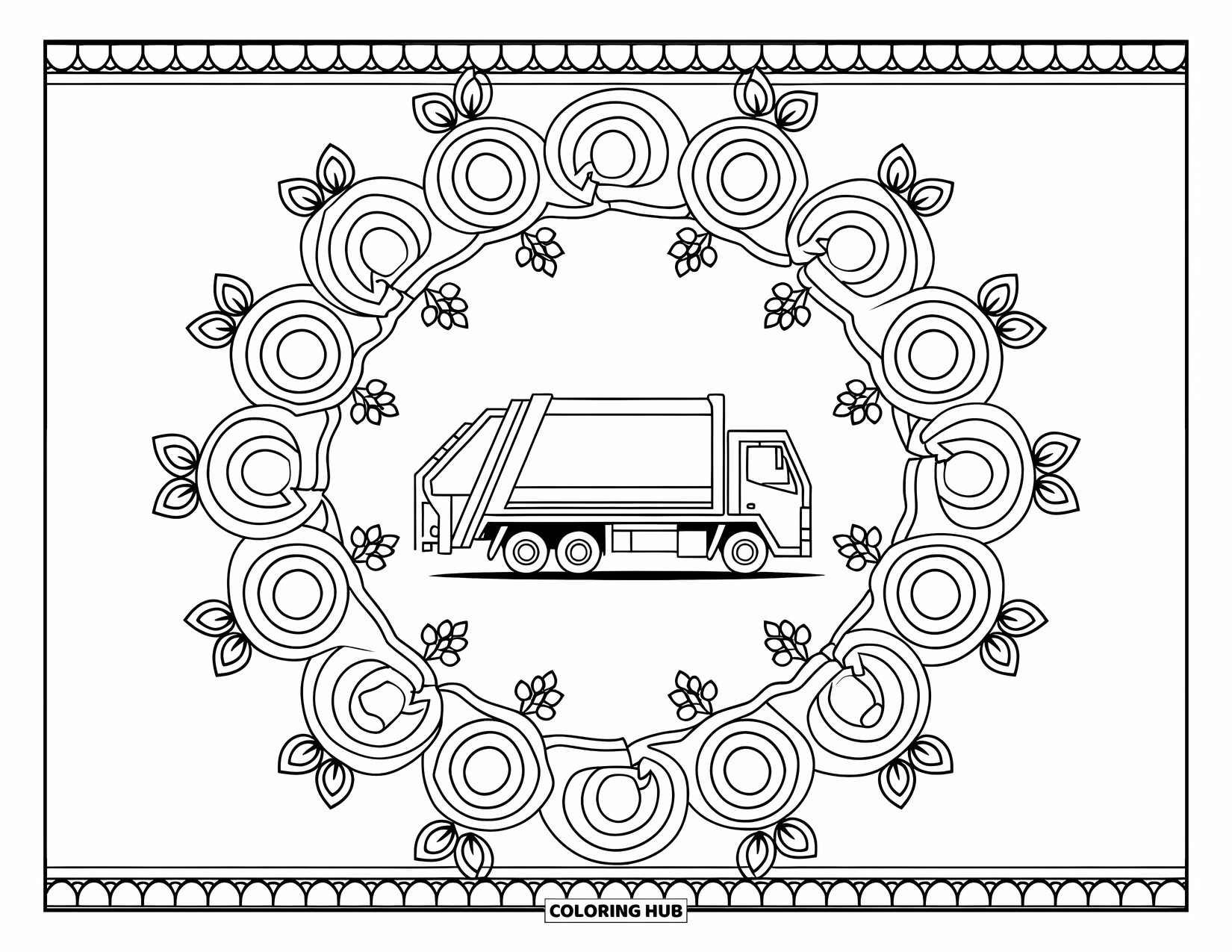 Trash Truck Coloring Page for Adults: A side-view trash truck rests in a floral mandala with a decorative border