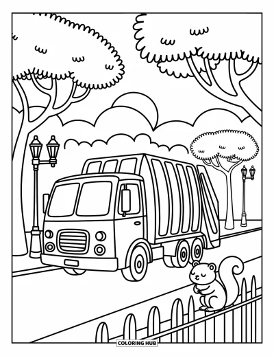Coloriage de camion poubelle pour adultes : Un écureuil somnolent observe le passage d'un camion poubelle sous des arbres touffus à l'aube