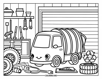 Coloriage de camion poubelle pour adultes : Un camion poubelle somnolent se détend dans un garage avec des pneus, des outils et un panneau de recyclage