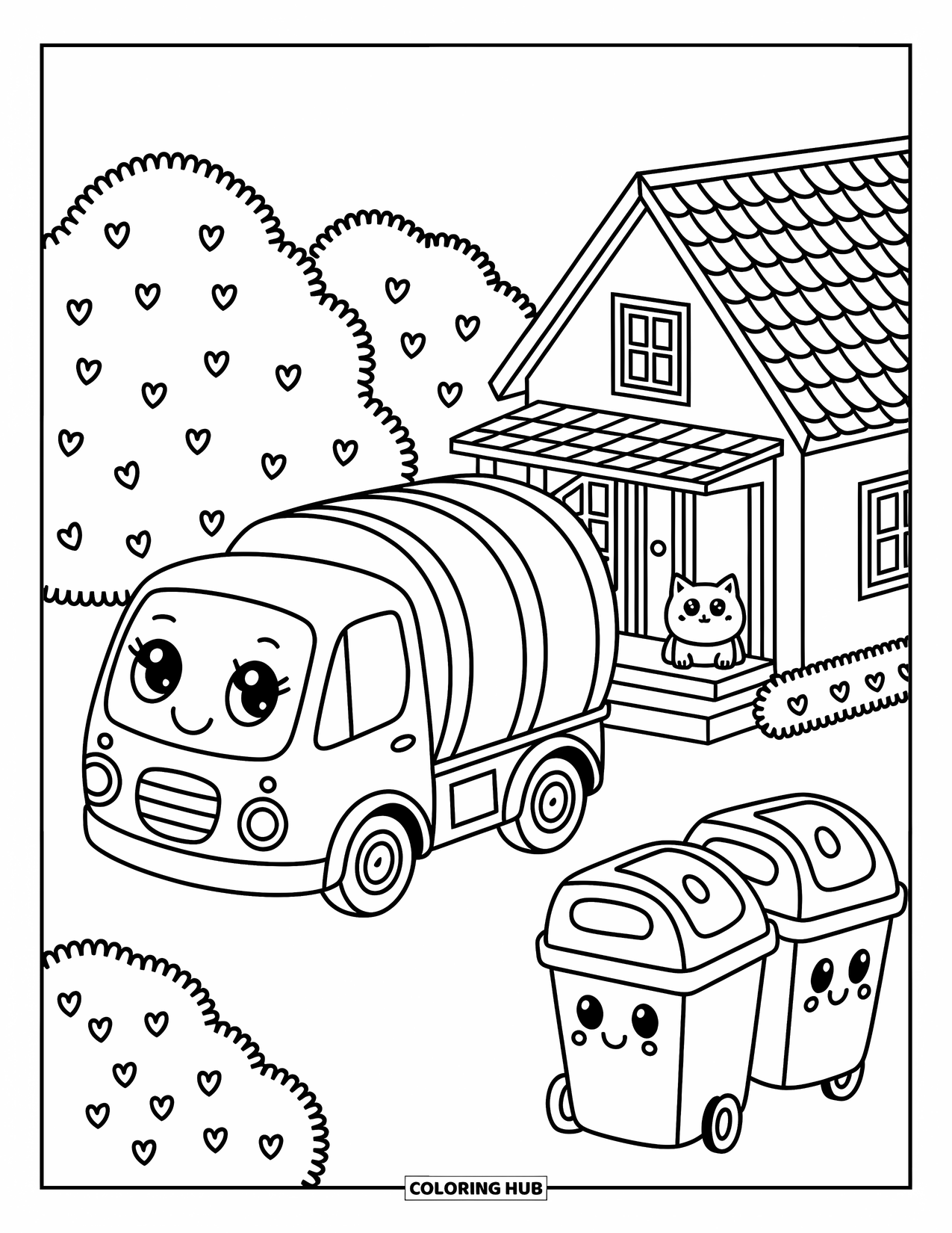 Trash Truck Coloring Page for Adults: A smiling truck rests near a tiny porch with a cat and cheerful recycling bins