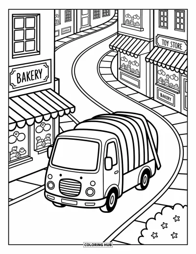 Coloriage de camion poubelle pour adultes : Un camion poubelle longe de petites devantures sur une colline aux illustrations adorables