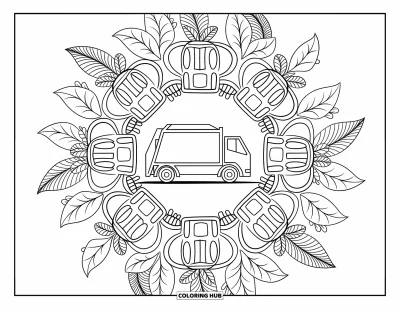 Coloriage de camion poubelle pour adultes : Un camion poubelle est centré dans un mandala détaillé rempli de motifs naturels