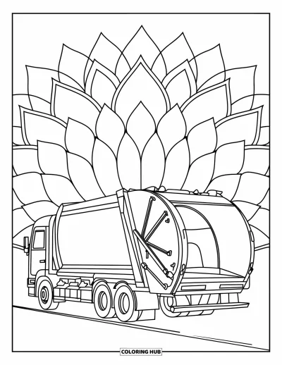 Coloriage de camion poubelle pour adultes : Un camion poubelle ouvre sa benne arrière près de pétales de lotus superposés et de motifs élaborés