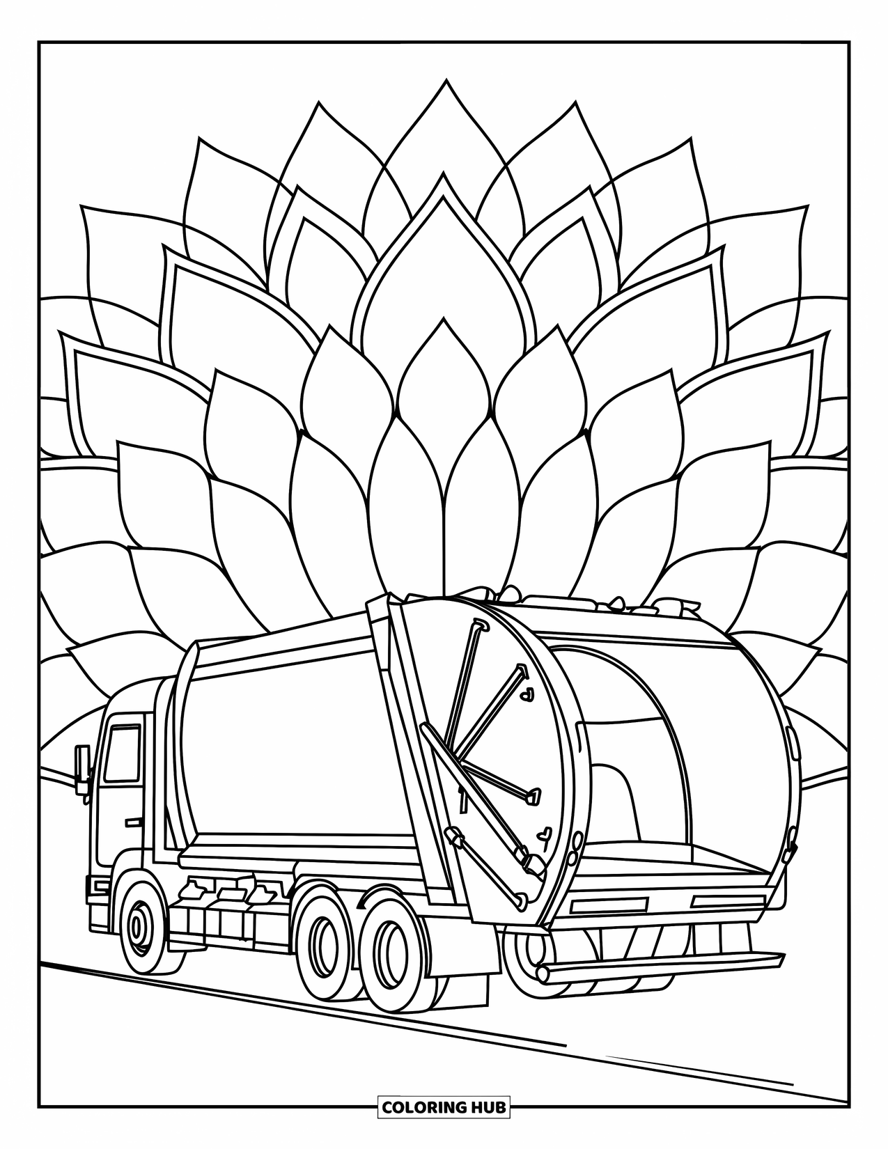 Trash Truck Coloring Page for Adults: A trash truck opens its back near layered lotus petals and patterns