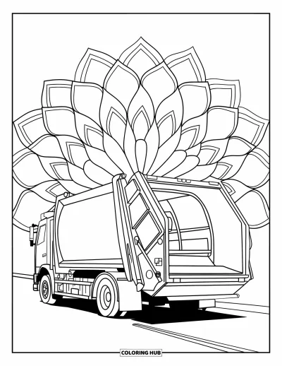 Coloriage de camion poubelle pour adultes : Un camion poubelle garé dans une rue tracée au sol est entouré de motifs style lotus