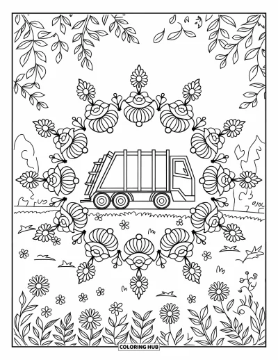 Coloriage de camion poubelle pour adultes : Un camion poubelle repose parmi des roses tourbillonnantes, des marguerites et des mandalas feuillus