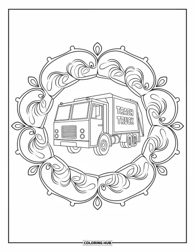 Coloriage de camion poubelle pour adultes : Un camion portant l'inscription "Trash Truck" est intégré dans un mandala floral
