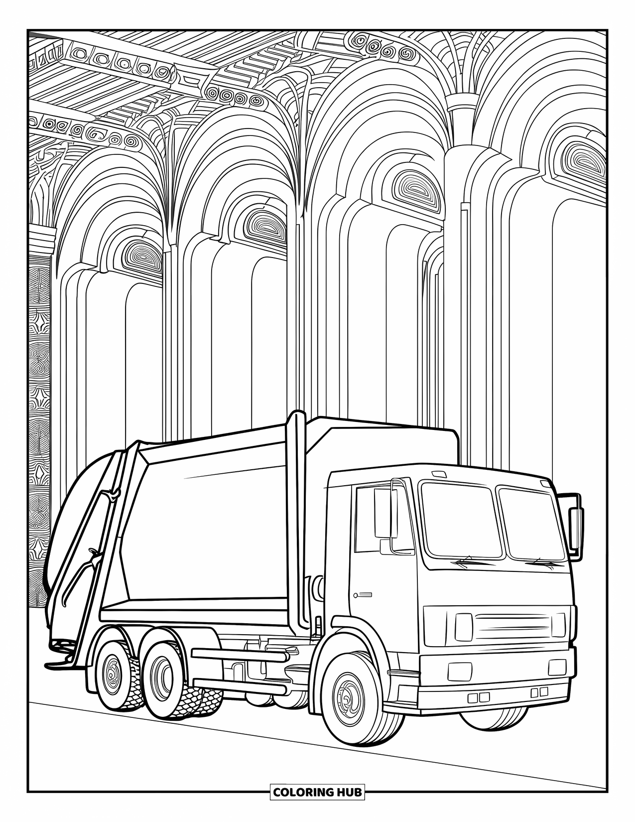Trash Truck Coloring Page for Adults: A truck rests beside decorative arches and detailed art deco elements