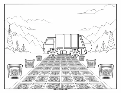 Coloriage de camion poubelle pour adultes : Un camion roule sur une route carrelée encadrée de bennes, d'arbres et de montagnes