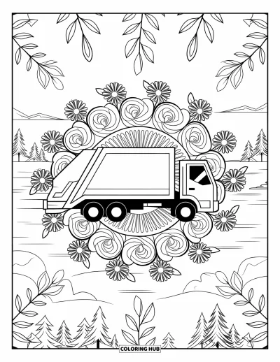 Coloriage de camion poubelle pour adultes : Un camion se dresse dans un jardin de roses spiralées, de marguerites et d'arbres