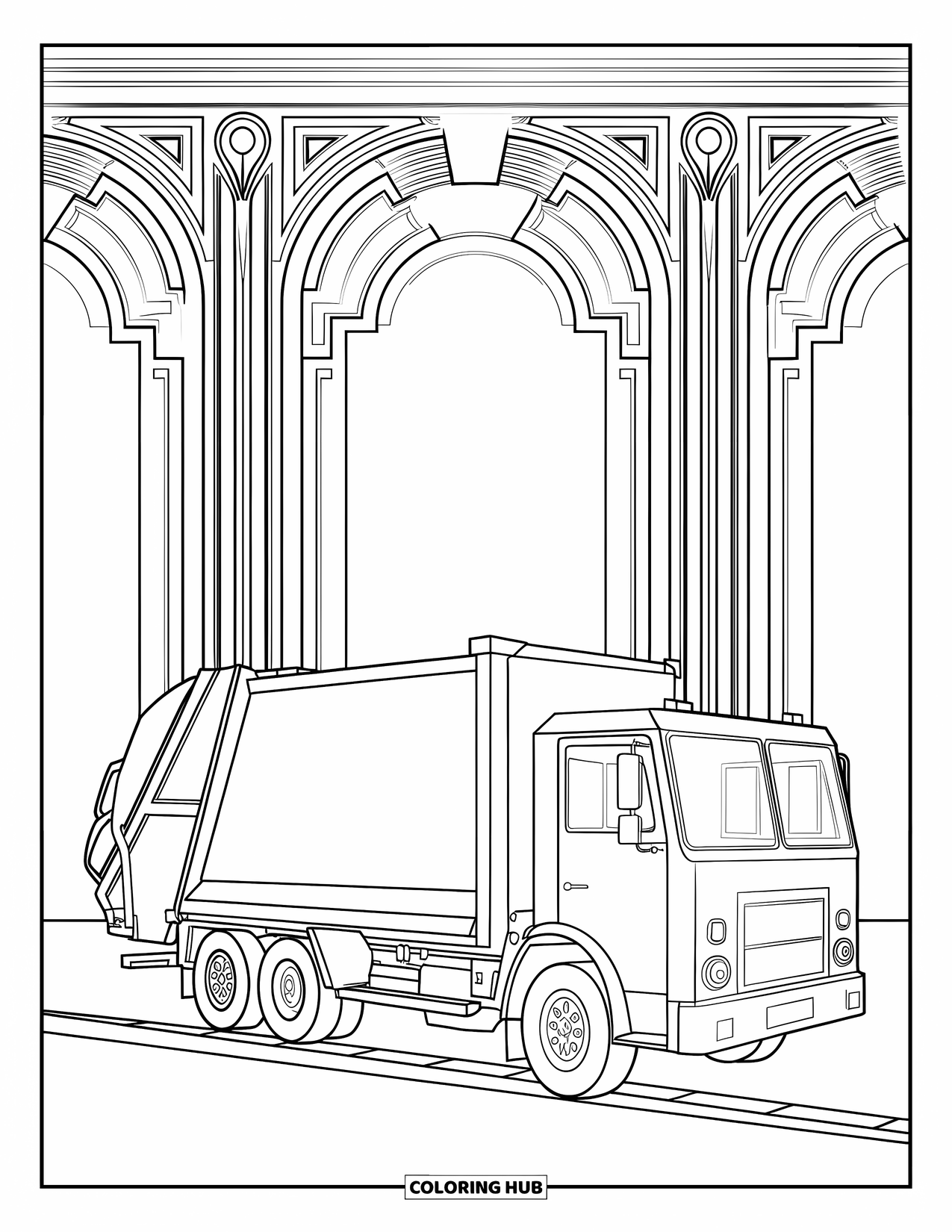Trash Truck Coloring Page for Adults: A truck with a rear bin parks by a wall of art deco arches