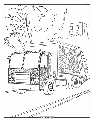 Coloriage de camion poubelle pour adultes : Un camion zentangle se repose en bord de route avec des motifs floraux et géométriques