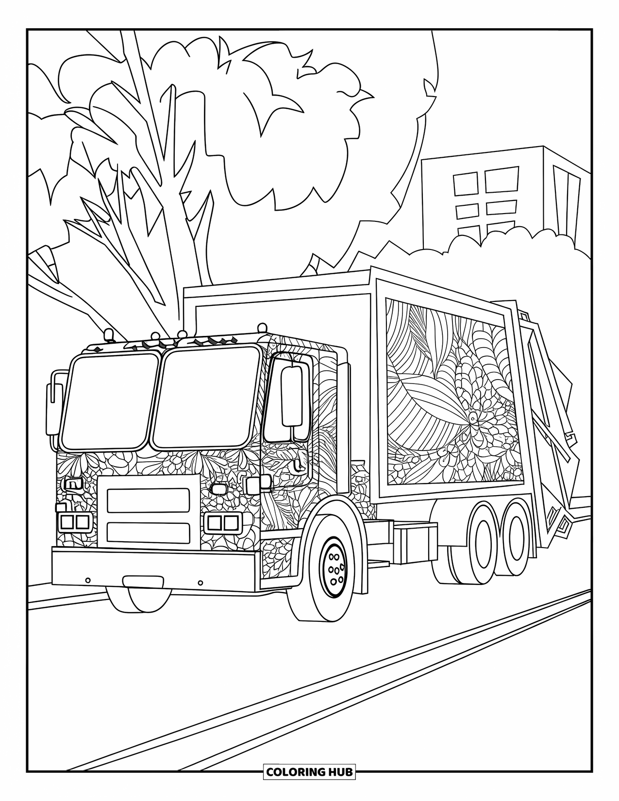 Trash Truck Coloring Page for Adults: A zentangle truck rests roadside with floral and geometric patterns