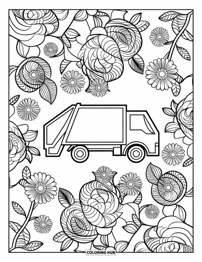 Coloriage de camion poubelle pour adultes : De grandes roses en mandala et des feuilles entourent un camion poubelle épuré