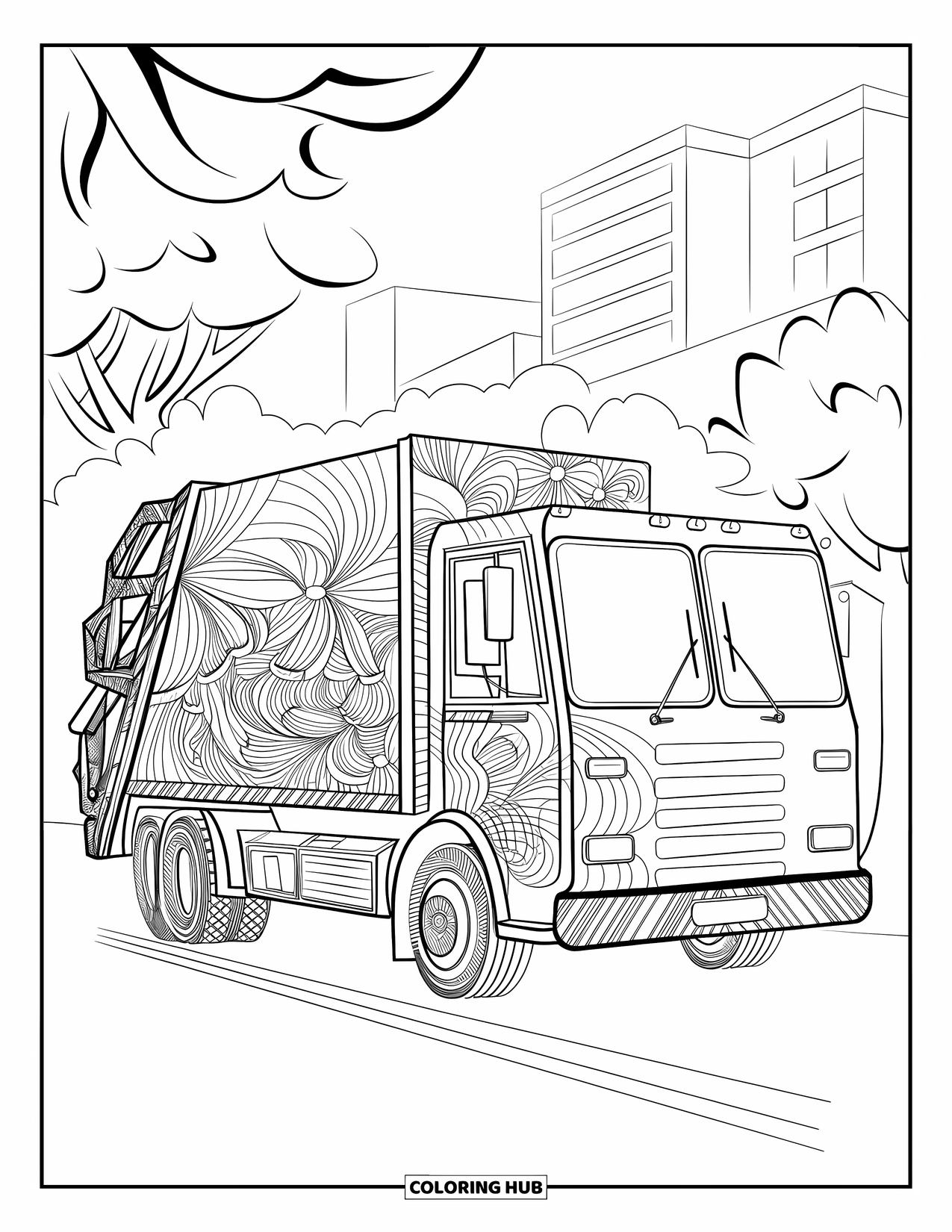 Trash Truck Coloring Page for Adults: Layered zentangle patterns cover a truck near trees and buildings