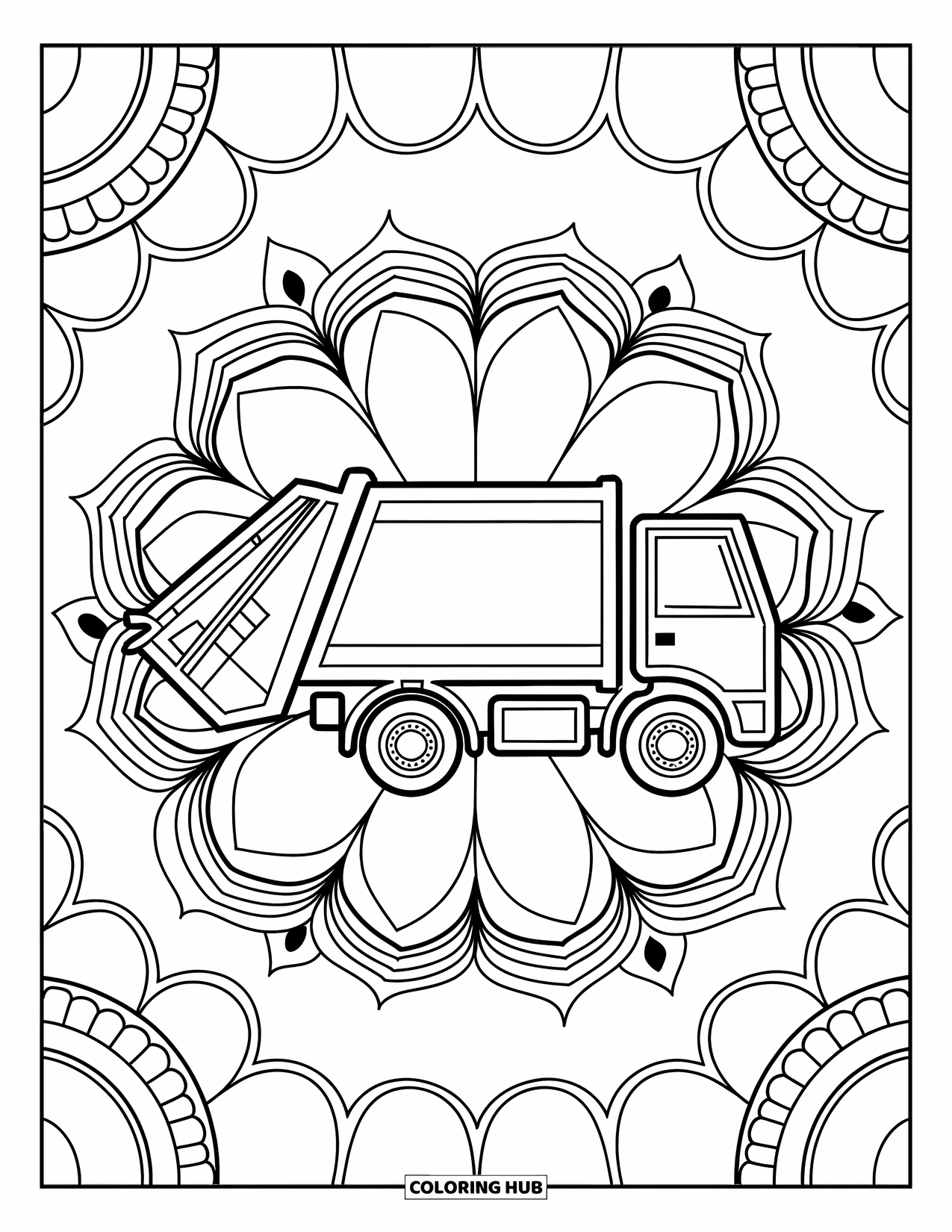 Trash Truck Coloring Page for Adults: Lotus mandalas and petals circle a trash truck with clean outlines