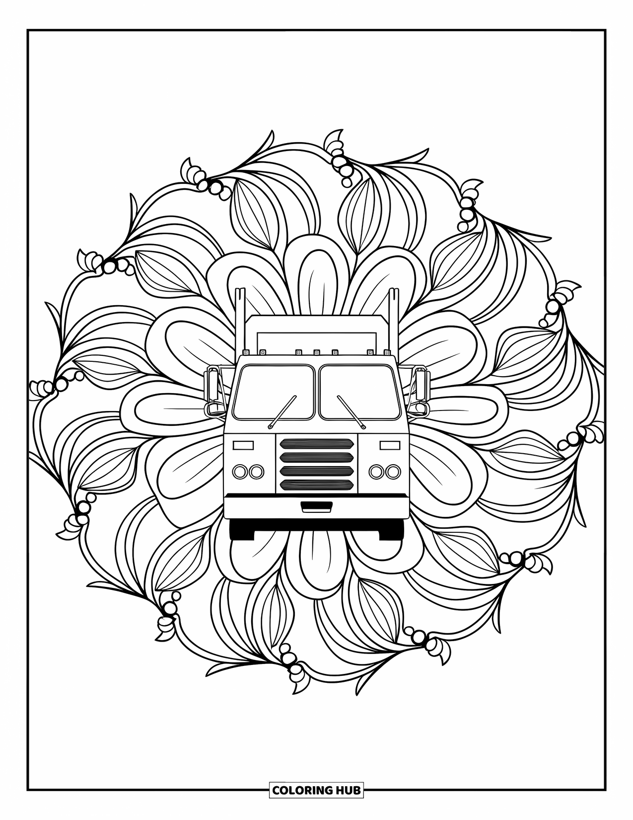 Trash Truck Coloring Page for Adults: Swirling mandala petals and vines frame a bold trash truck