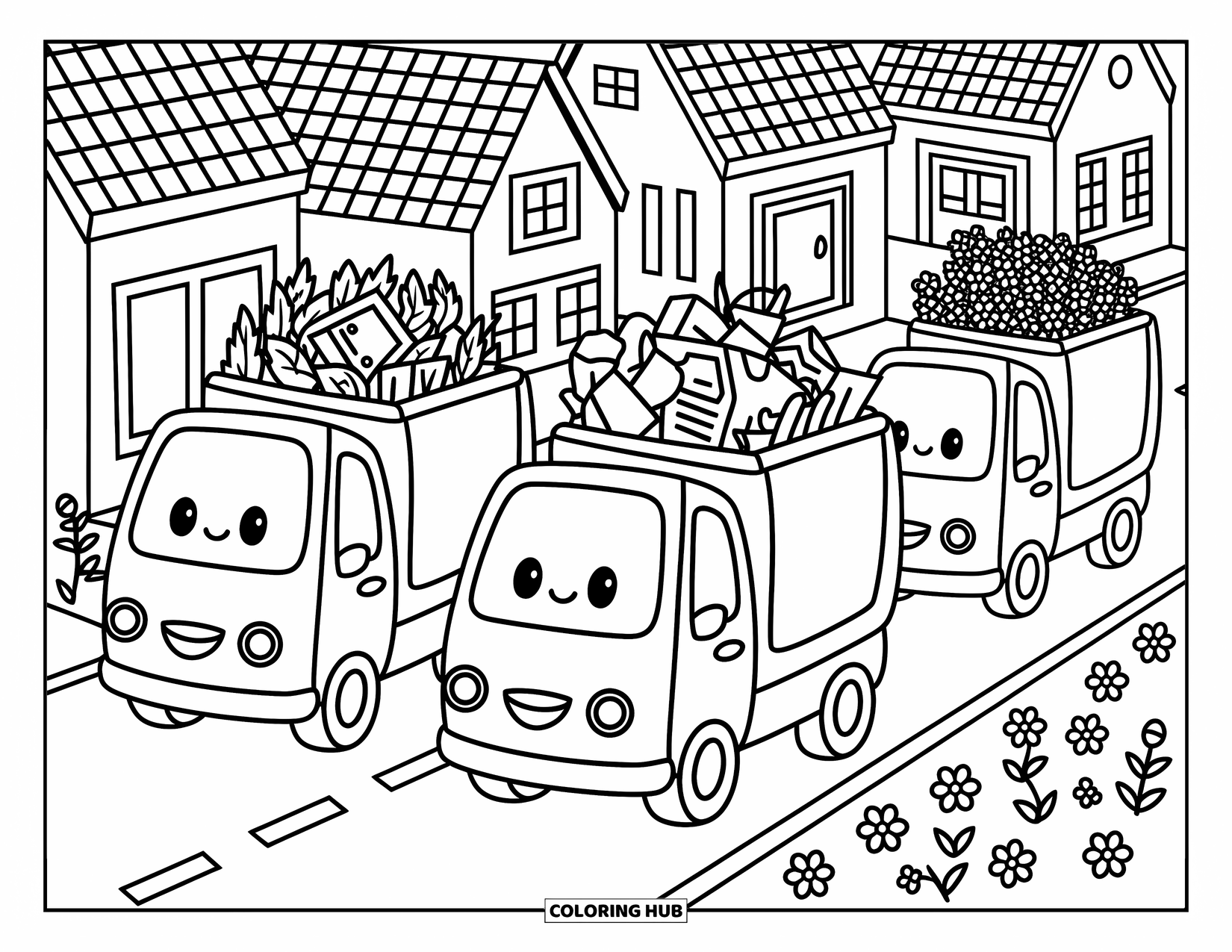 Trash Truck Coloring Page for Adults: Three cheerful trash trucks parade past tiny trees and clouds with fun little loads