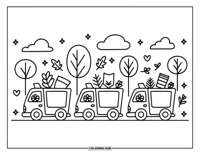 Coloriage de camion poubelle pour adultes : Trois mignons camions poubelles roulent en file, chacun transportant des feuilles, du papier et des brindilles