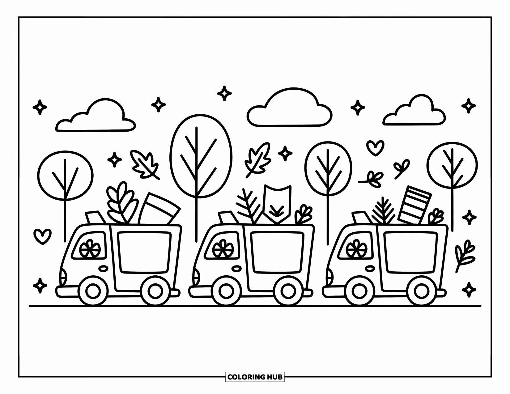 Trash Truck Coloring Page for Adults: Three cute trash trucks roll in a line, each carrying leaves, paper, and twigs