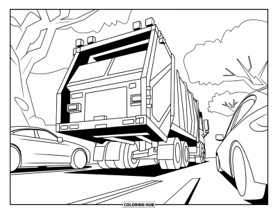 Coloriage de camion poubelle pour enfants : Un camion poubelle robuste longe des voitures garées et des arbres sur une route urbaine propre