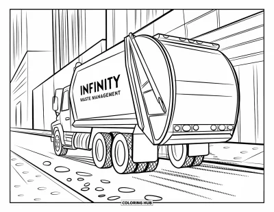 Coloriage de camion poubelle pour enfants : Un imposant camion portant la mention "INFINITY WASTE MANAGEMENT" laisse des traces d'eau sur la route