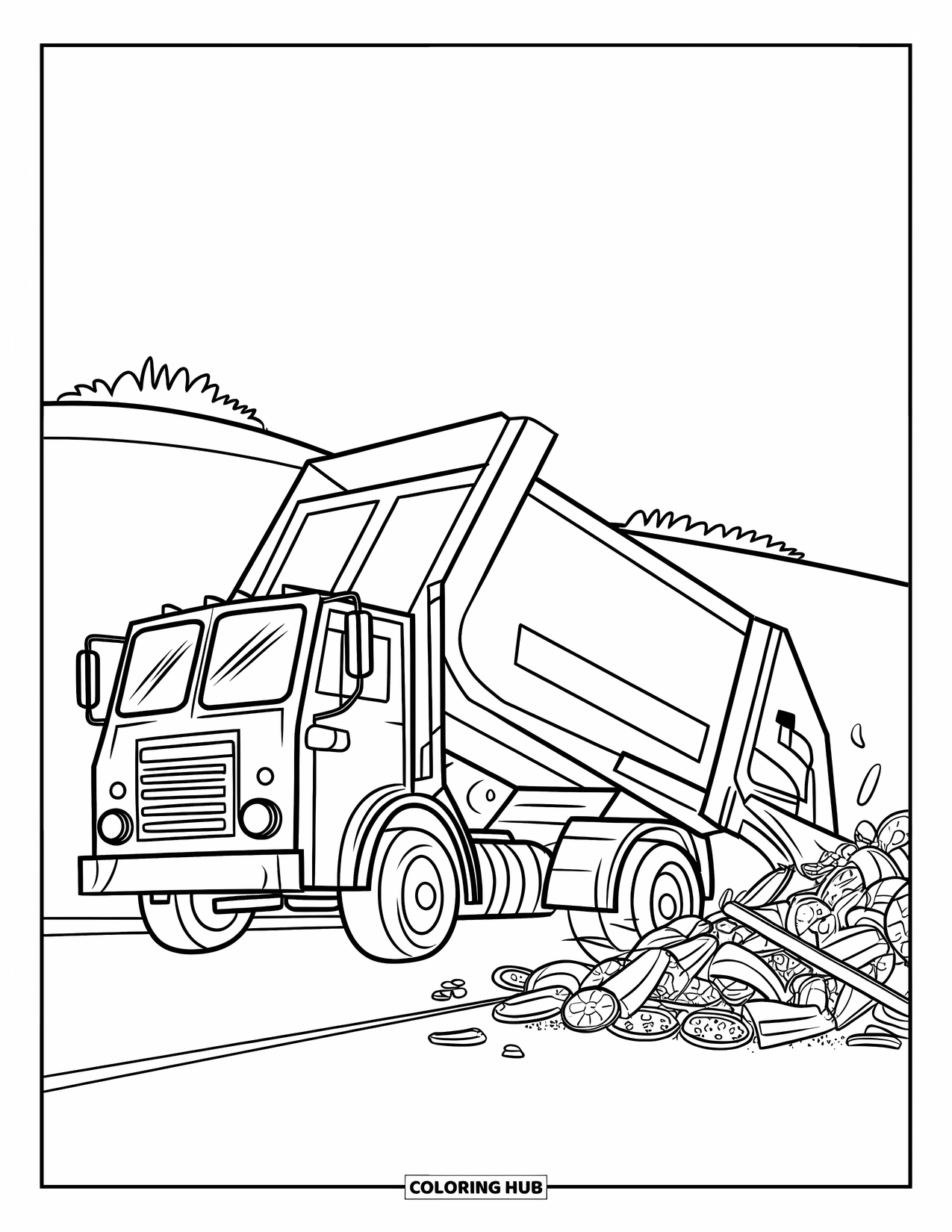 Trash Truck Coloring Page for Kids: A cheerful trash truck dumps waste into a landfill near a small hill