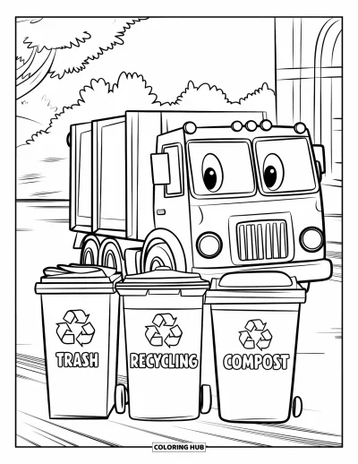 Coloriage de camion poubelle pour enfants : Un camion enthousiaste approche des bacs à ordures, de recyclage et de compost dans une rue bordée d'arbres