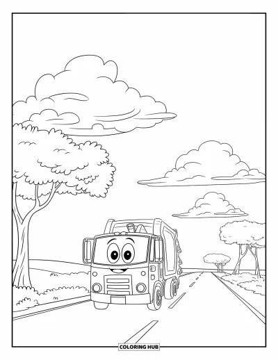 Coloriage de camion poubelle pour enfants : Un camion joyeux roule sur une large route sous des nuages, avec des arbres de chaque côté