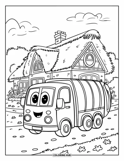 Coloriage de camion poubelle pour enfants : Un camion joyeux se gare près d'une maison colorée entourée de fleurs, de rochers et de nuages duveteux