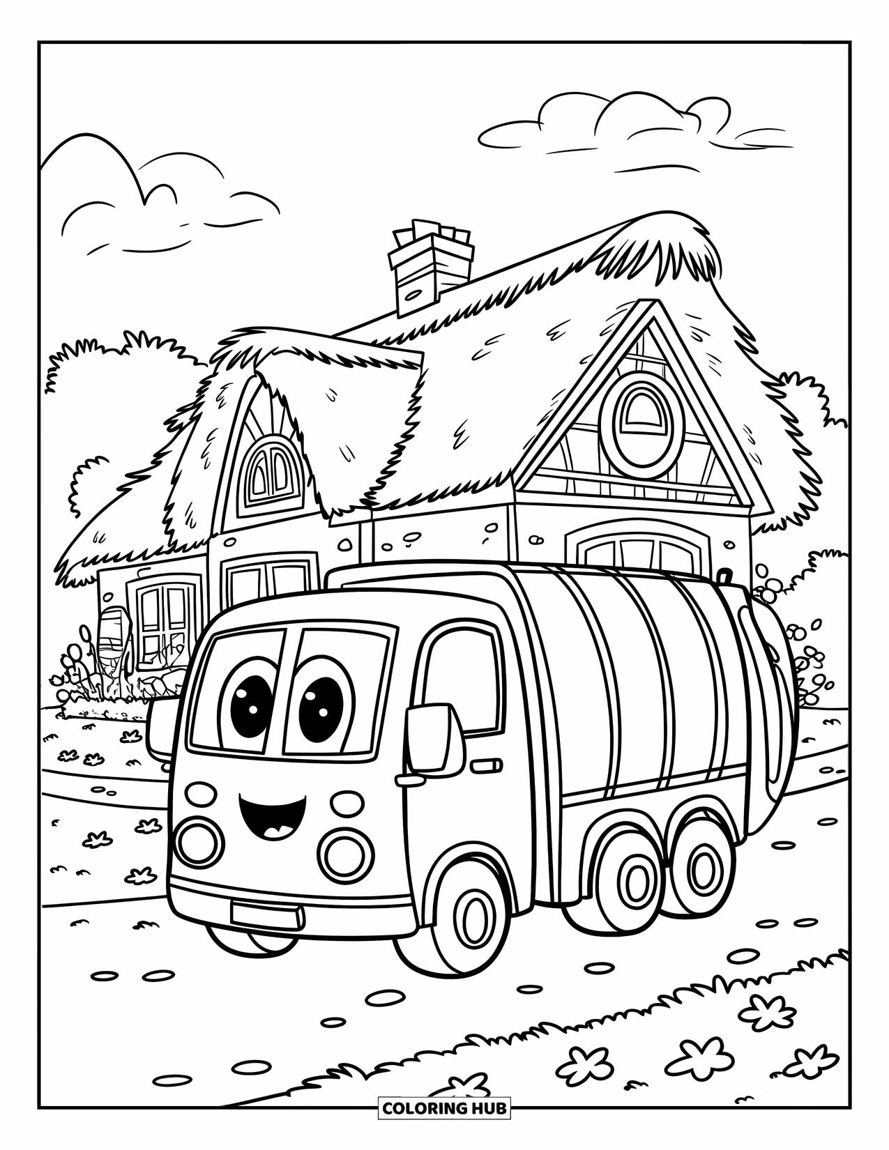 Trash Truck Coloring Page for Kids: A cheerful truck parks by a bright house with flowers, rocks, and fluffy clouds