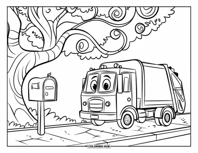 Coloriage de camion poubelle pour enfants : Un camion souriant se tient près d'un arbre aux branches tourbillonnantes et d'une boîte aux lettres rouge sur un trottoir