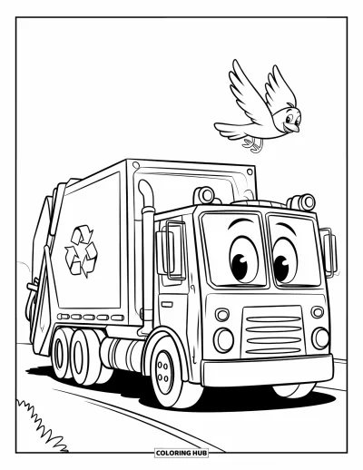 Coloriage de camion poubelle pour enfants : Un camion joyeux avec un symbole de recyclage salue un oiseau en vol dans un ciel lumineux