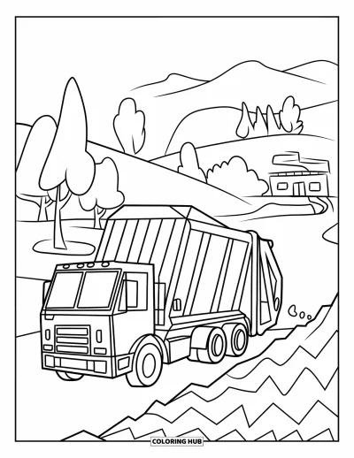 Coloriage de camion poubelle pour enfants : Un camion poubelle arrondi déverse dans une décharge en zigzag avec des arbres et des bâtiments à proximité