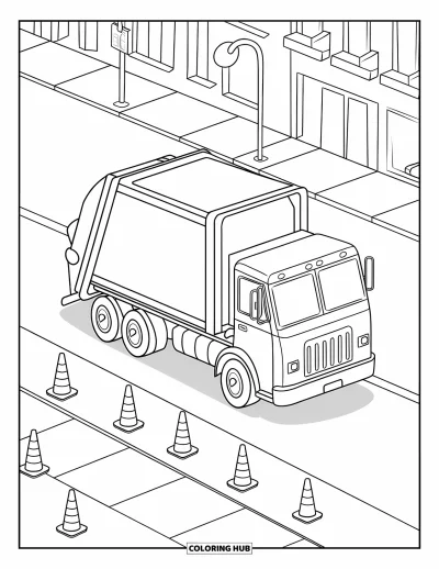 Coloriage de camion poubelle pour enfants : Un camion benne passe devant des cônes et des bâtiments sur une colline de la ville