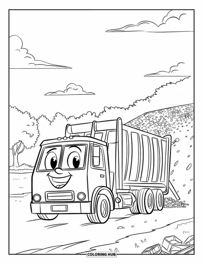 Coloriage de camion poubelle pour enfants : Un camion poubelle sympathique décharge dans une décharge bordée d'arbres sous un ciel ensoleillé