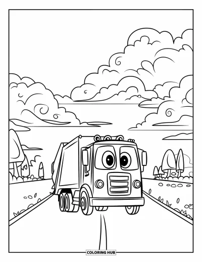 Coloriage de camion poubelle pour enfants : Un camion sympathique avance vers l'horizon avec des nuages et des arbres en vue