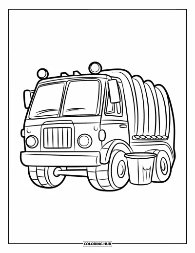 Coloriage de camion poubelle pour enfants : Un camion poubelle vu de face sourit à côté d'une petite benne avec de grandes roues bien visibles