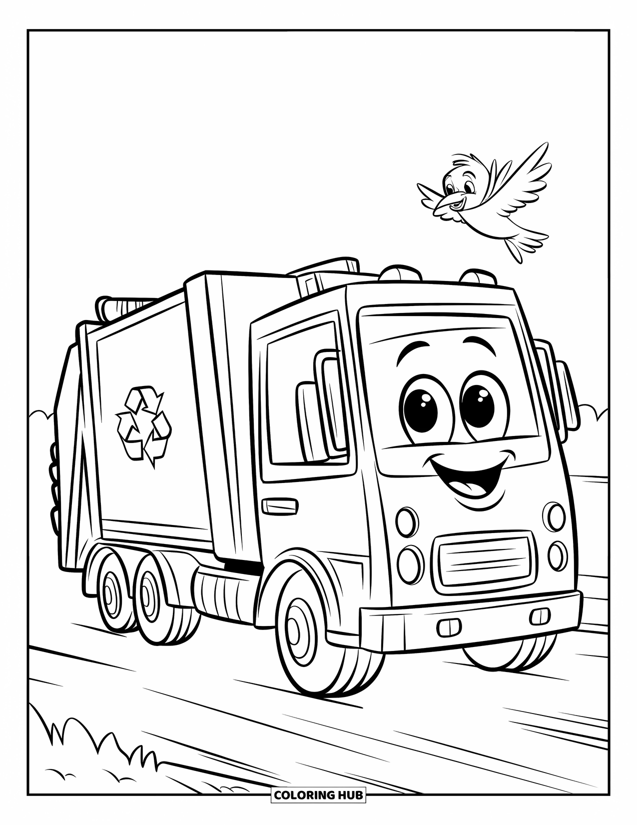 Trash Truck Coloring Page for Kids: A green-uniformed truck with a recycle symbol watches a bird soar nearby