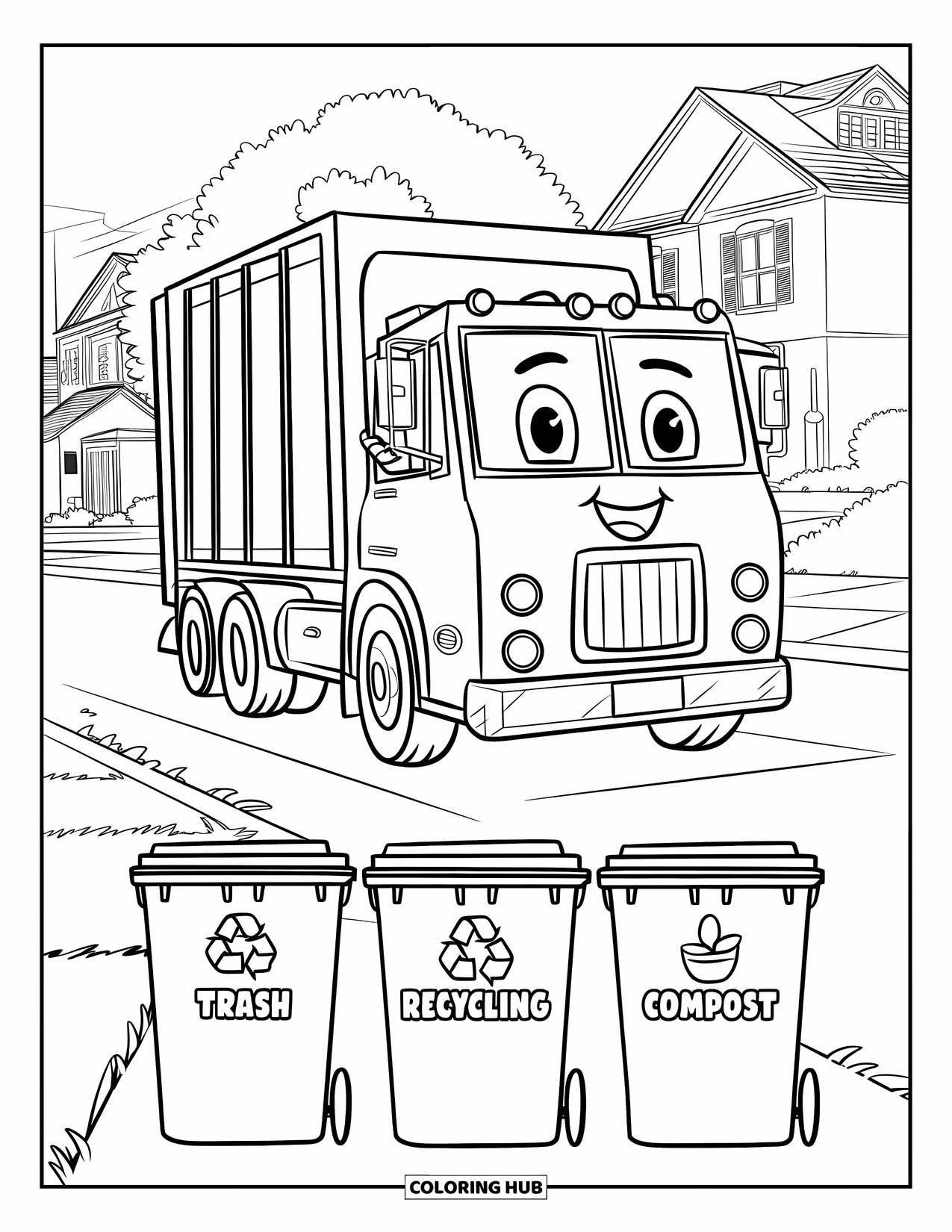 Trash Truck Coloring Page for Kids: A happy truck honks as it approaches bins near cozy homes