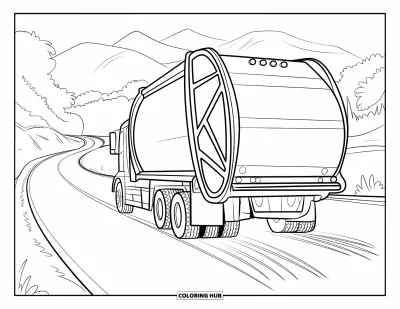 Coloriage de camion poubelle pour enfants : Un grand camion poubelle descend une route en courbe avec un pont et des paysages de montagne