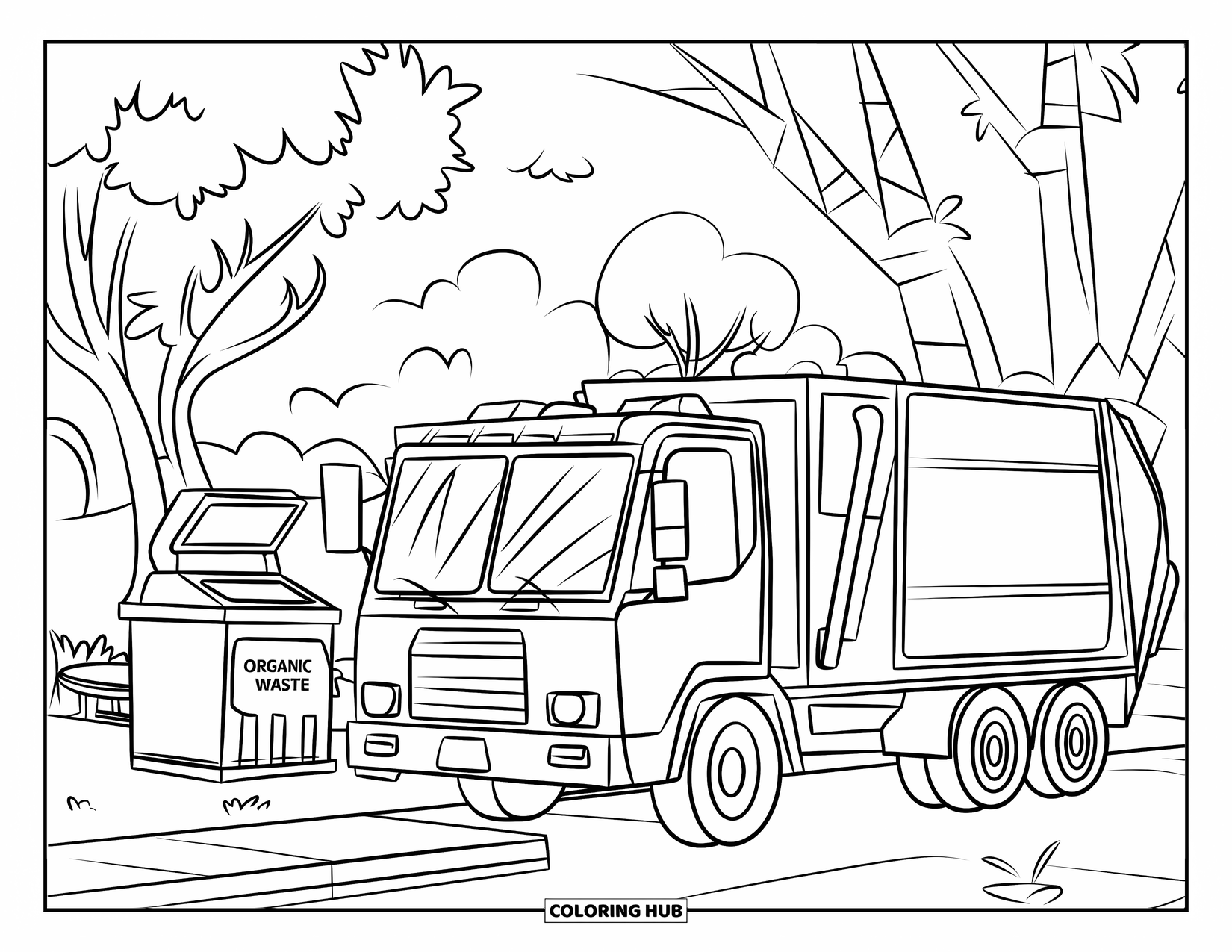 Trash Truck Coloring Page for Kids: A large truck and labeled bin rest near trees and a walkway in a local park