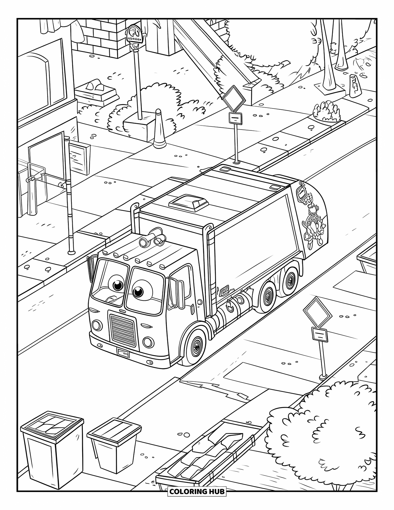 Trash Truck Coloring Page for Kids: A magical trash truck with a face weaves through bins and city buildings