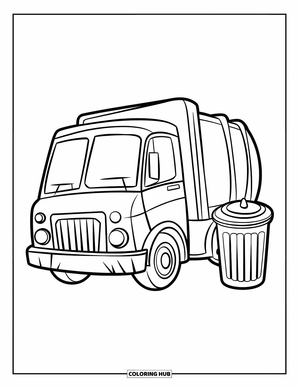 Trash Truck Coloring Page for Kids: A playful truck sits beside a lone bin with a curved lid and flat ground